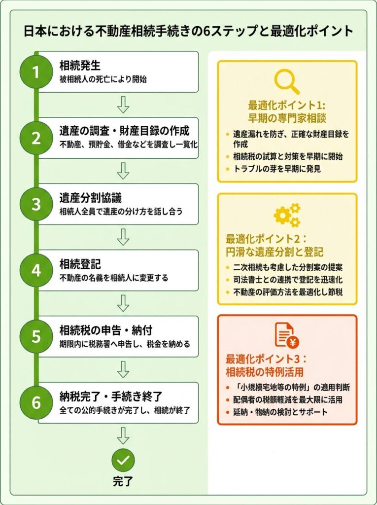 不動産相続の6つのステップと3つの最適化ポイント(評価・分割・売却)