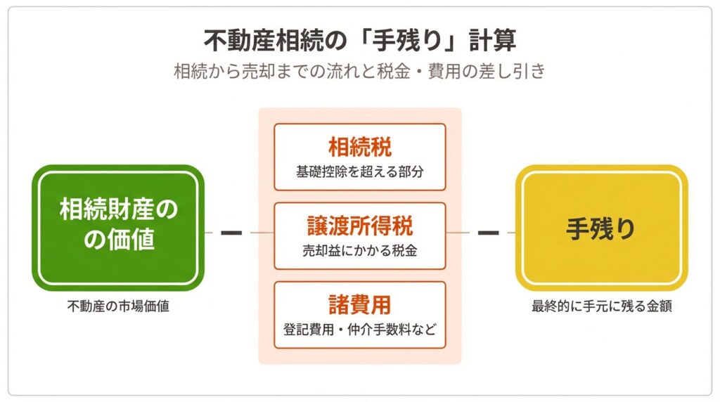 手残りの計算式:相続財産の価値から相続税・譲渡所得税・諸費用を差し引いた金額が手残り