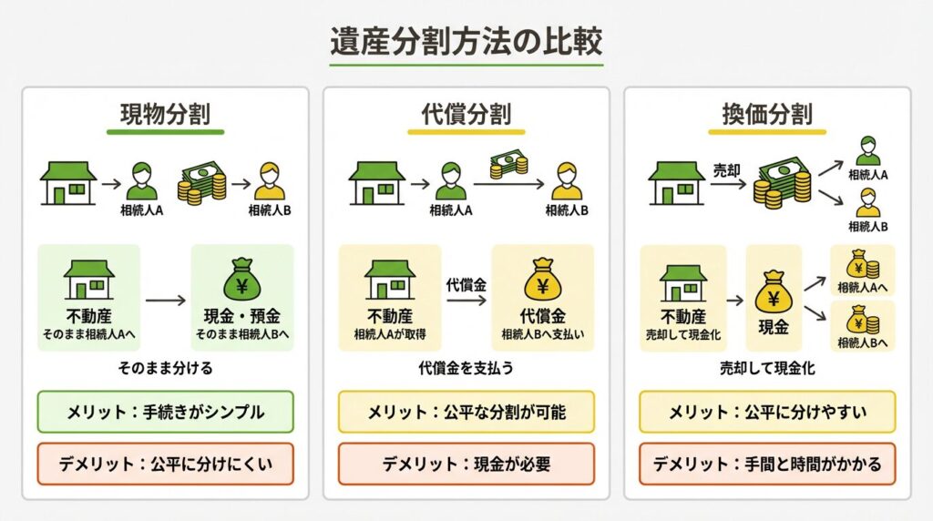 遺産分割3つの方法比較:現物分割・代償分割・換価分割のメリットとデメリット