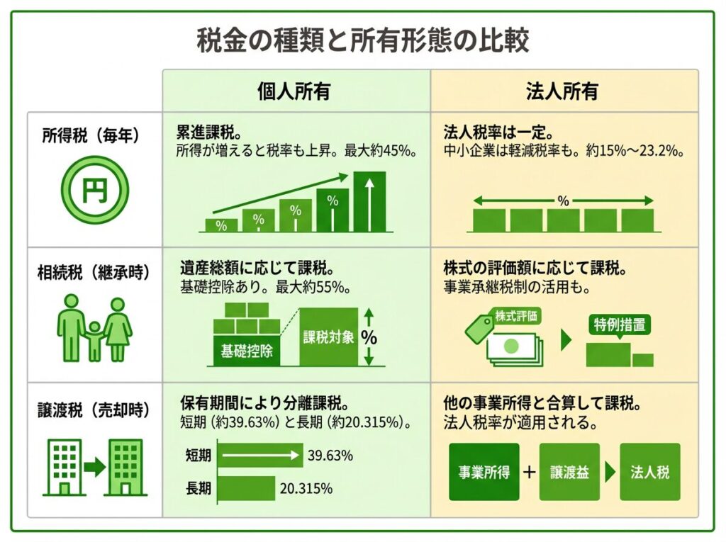 個人所有と法人所有で変わる3つの税金の比較図