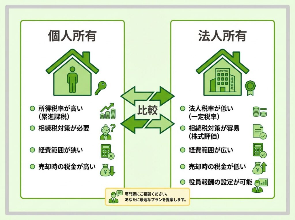 賃貸不動産の個人所有と法人所有を比較するイメージ図