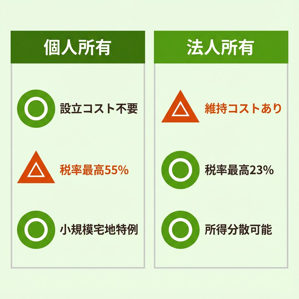 個人所有と法人所有のメリット・デメリット総合比較図