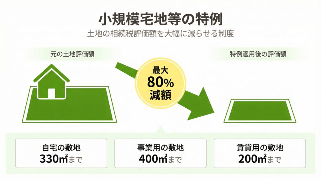 小規模宅地等の特例の概要図。居住用330㎡・事業用400㎡・貸付用200㎡まで最大80%減額。