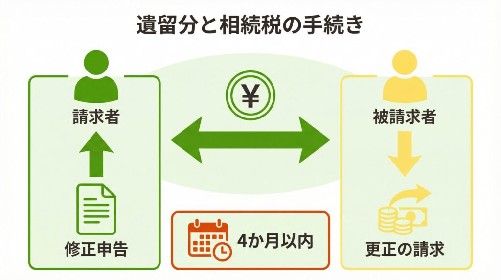 遺留分侵害額請求後の相続税手続きを図解。金銭を受け取った側の修正申告と支払った側の更正の請求の流れ、4か月の期限をアイコンで表現。