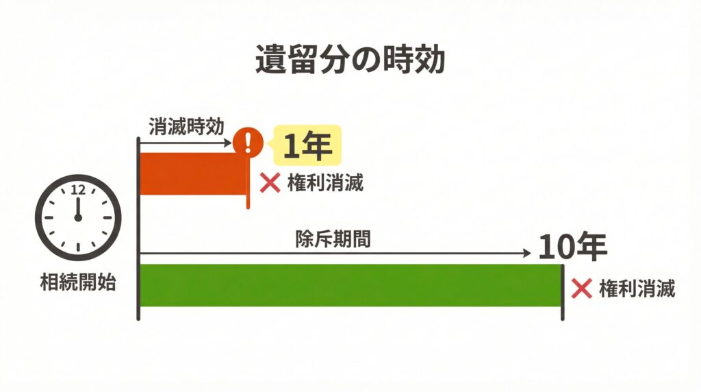 遺留分侵害額請求権の2つの時効期限を示すタイムライン図。消滅時効1年と除斥期間10年を視覚的に比較。